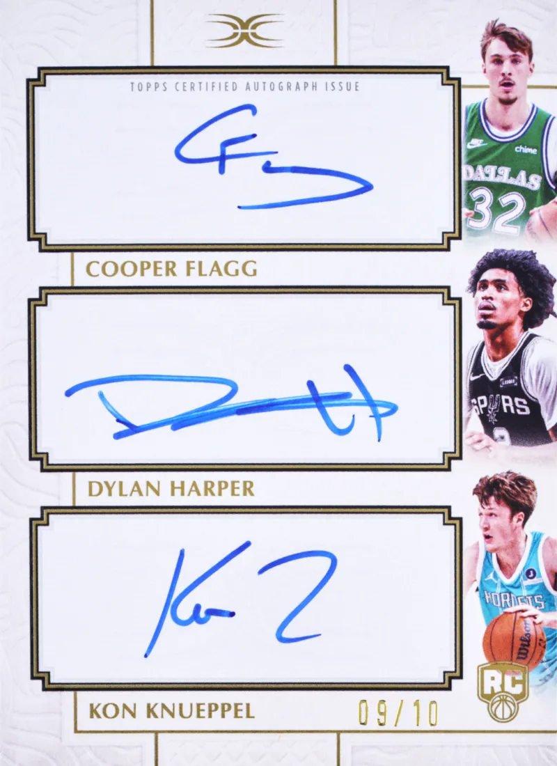 2025-26 Topps Definitive Cooper Flagg, Dylan Harper and Kon Knueppel Triple Rookie Autograph, numbered 09/10