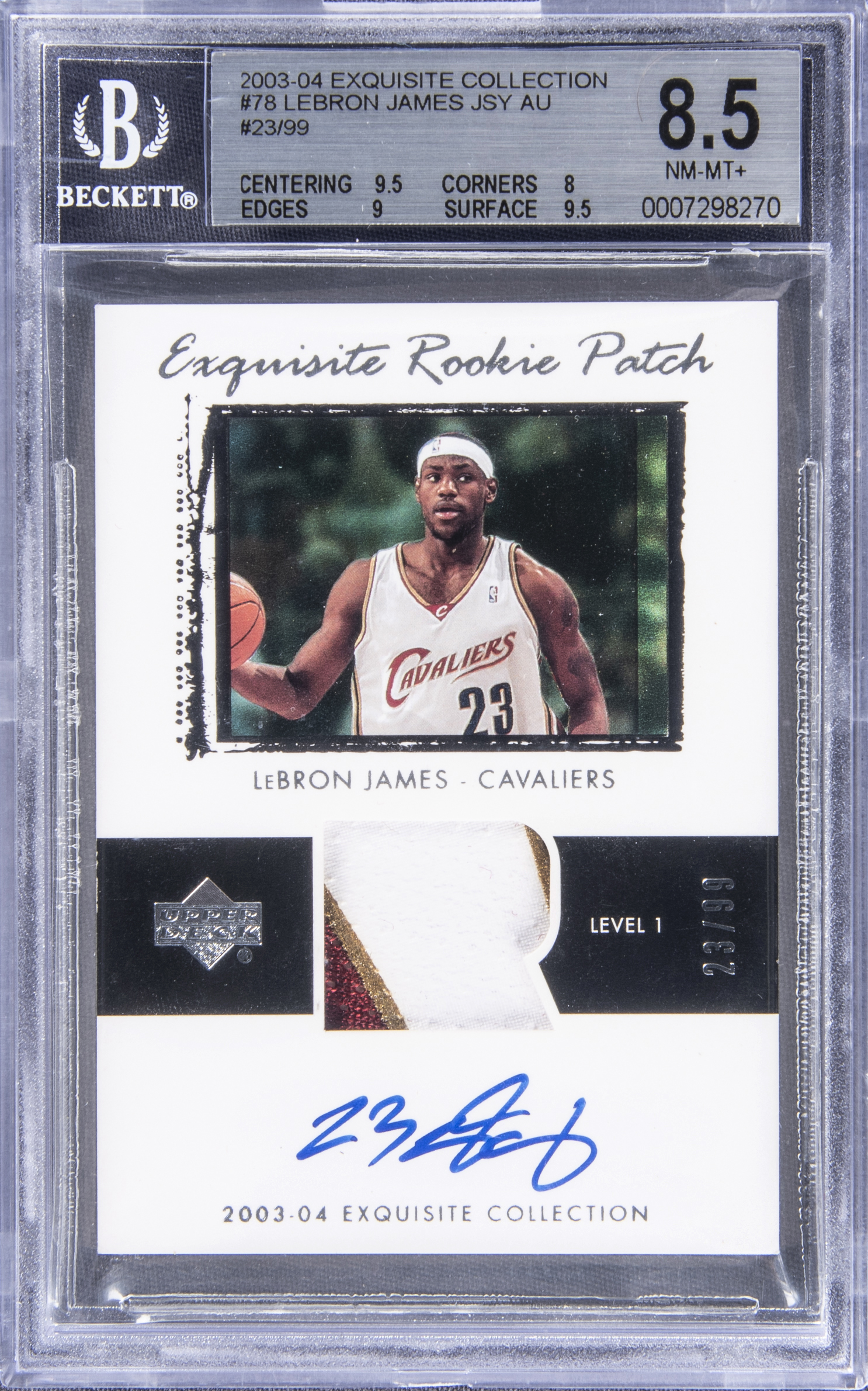 2003-04 Upper Deck Exquisite Collection LeBron James Rookie Patch Autograph #78 /99 BGS 8.5 Auto 10 basketball card